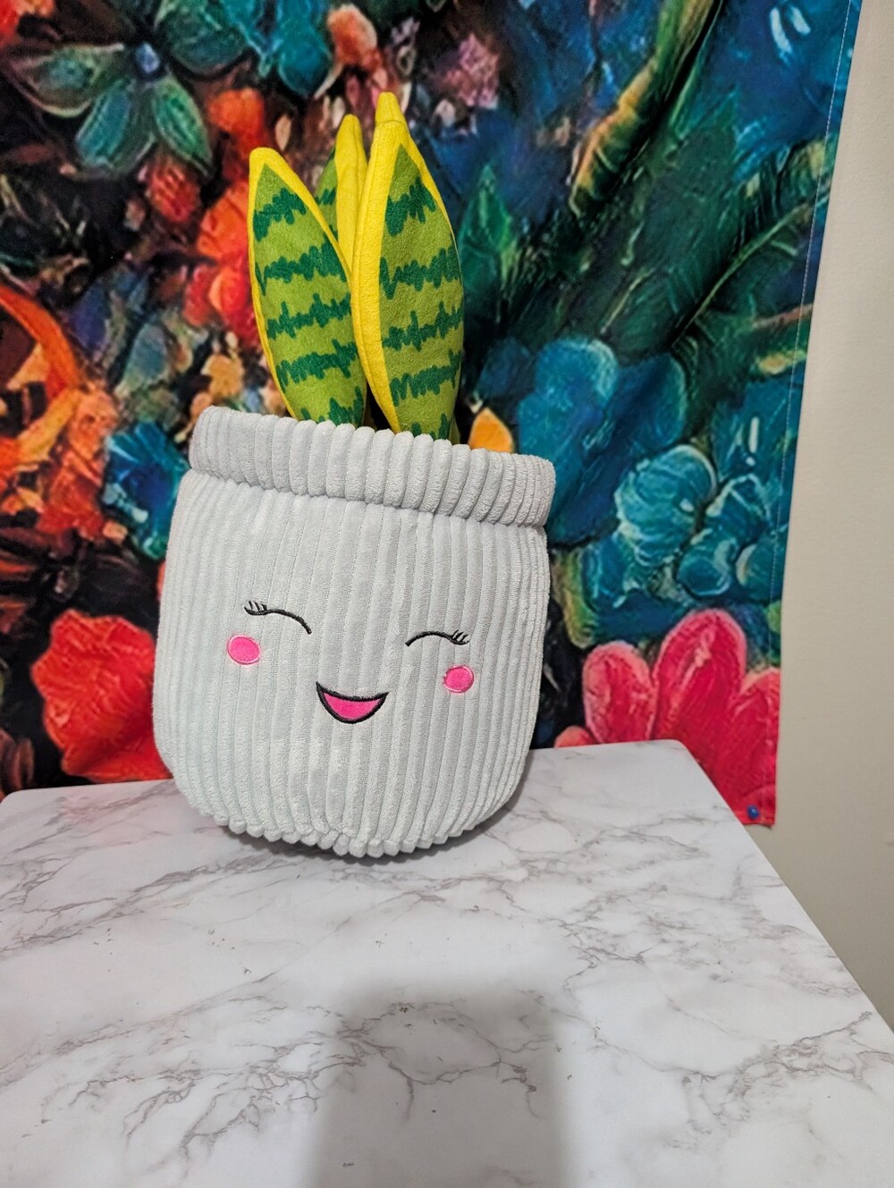 Toy Factory Plush Smiling Snake Plant Pot - Light Gray with Green Leaves